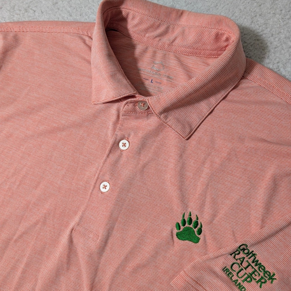 Southern Tide Polo Shirt Mens L Coral Stripe Golfweek Rater Cup Ireland Stretch